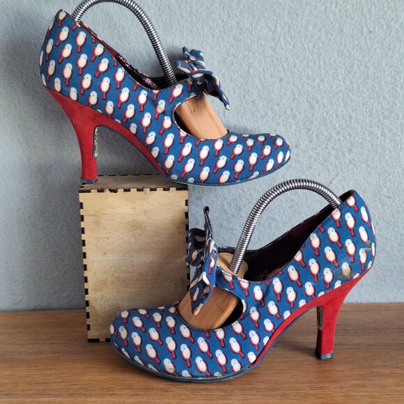 Irregular Choice Women 40 US 9 Canvas Bird Mary Jane Bow Retro Pinup Heels Pumps - Picture 6 of 16